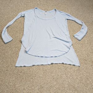 Free People Ventura Waffle Knit Top XS Light Blue Thermal Hi Low Long Sleeve